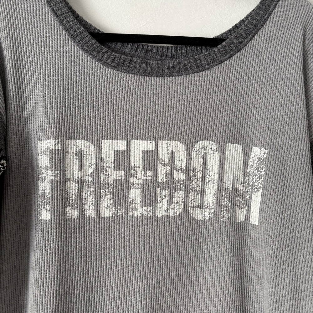 We the Free Waffle Knit Thermal Top Sz L Freedom Graphic Elbow Patches Boho USA - Picture 4 of 11
